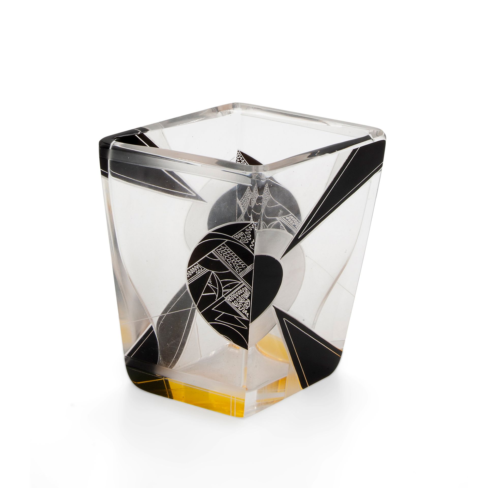 Vintage glass vase 有黑色的圆形和三角形装饰 尺寸7.6x7x3.7英寸。