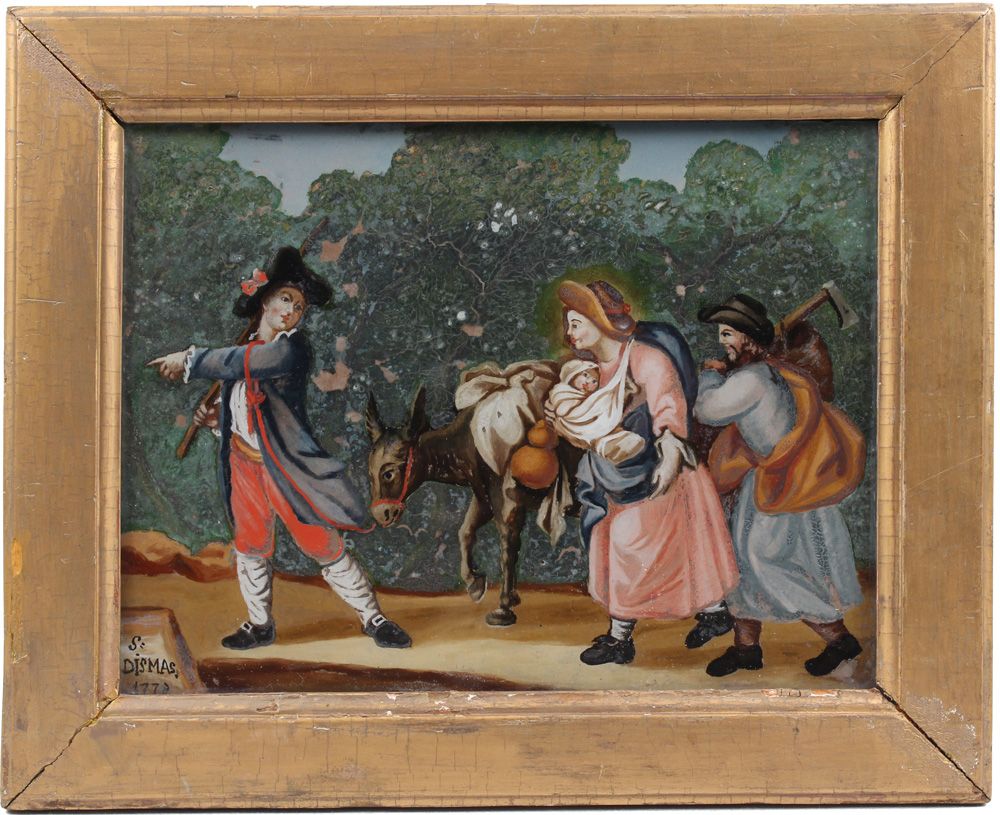 Null 反面玻璃画。奥格斯堡，18 世纪 "Die Flucht der Heiligen Familie" 左下方有签名和日期 "S. Dismas 177&hellip;