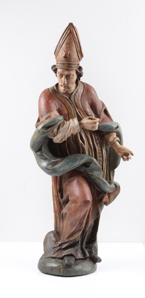 Null 雕塑。阿尔卑斯山，18/19 世纪，主教。木质，雕刻和彩绘。站立的主教，头戴礼帽。手杖缺失。高：81 厘米。