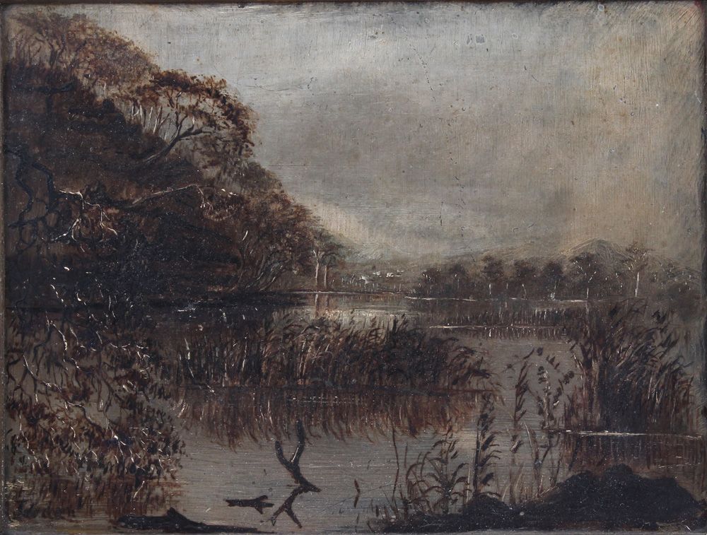 Null Petite peinture de paysage. 18e siècle. Paysage d'étangs, silhouette d'un v&hellip;
