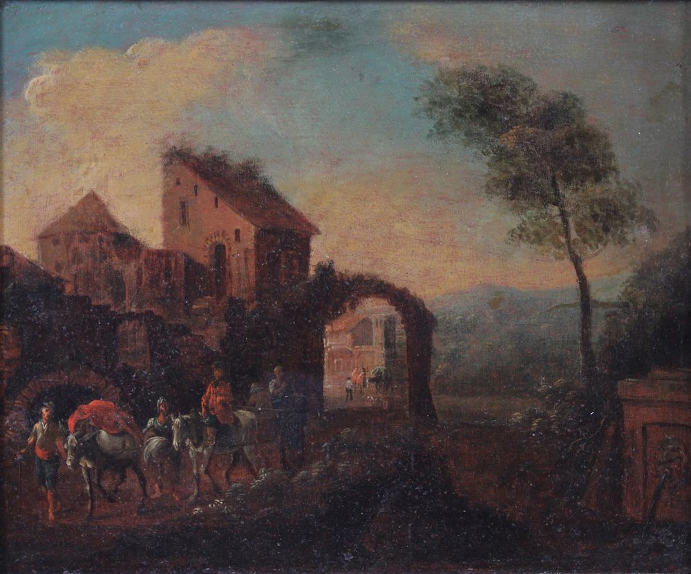 Null Pays-Bas, 18e s. Groupe de cavaliers devant une ville fortifiée. Huile/pann&hellip;