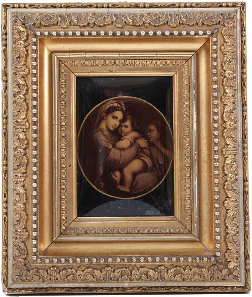 Null 未知。19 世纪《德拉塞迪亚圣母肖像》。取材于拉斐尔。玻璃底。高：15 x 10 厘米。画框。