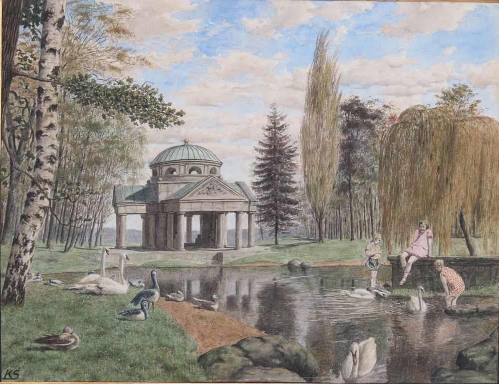 Null Inconnu, 19e siècle Gouache sur papier. Parc avec paysage de lacs, temple e&hellip;