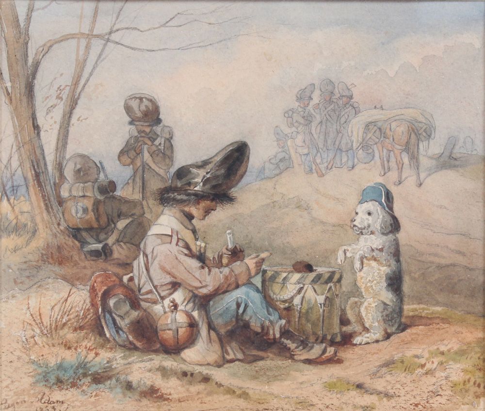 Null Adam, Eugen. Munich 1817 - 1880 ibid. Soldado con perro amaestrado. Acuarel&hellip;