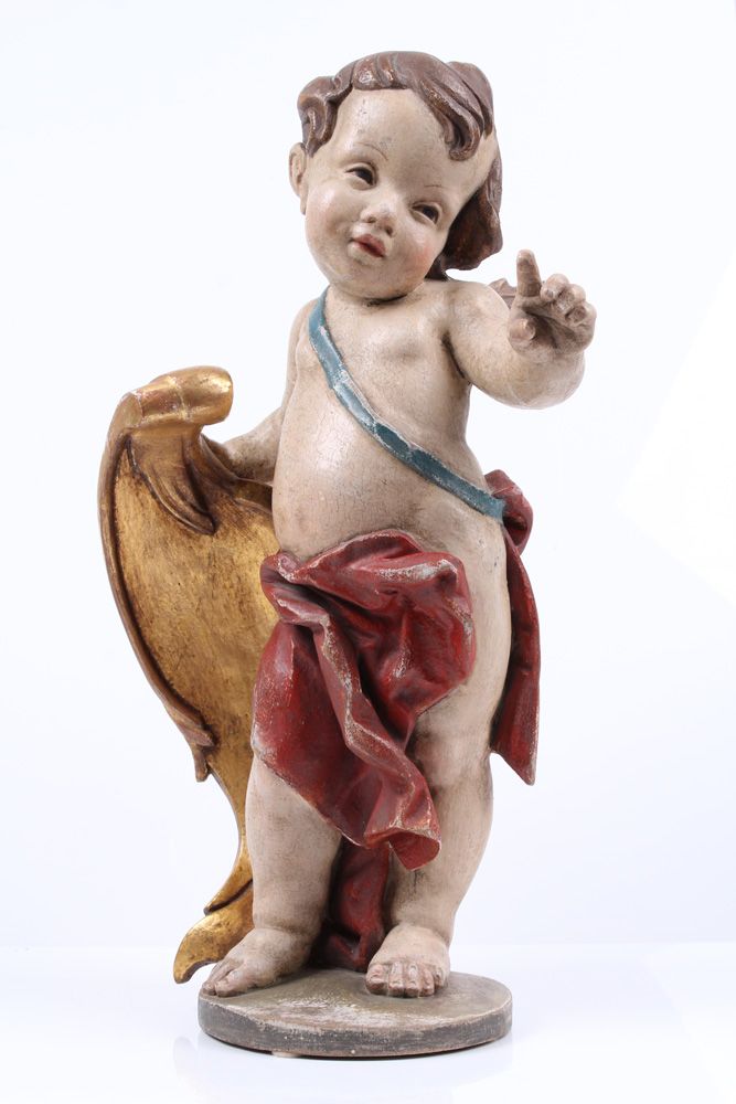 Null Poultry putto. Alpine, 20th century, carved wood and painted in color. Putt&hellip;