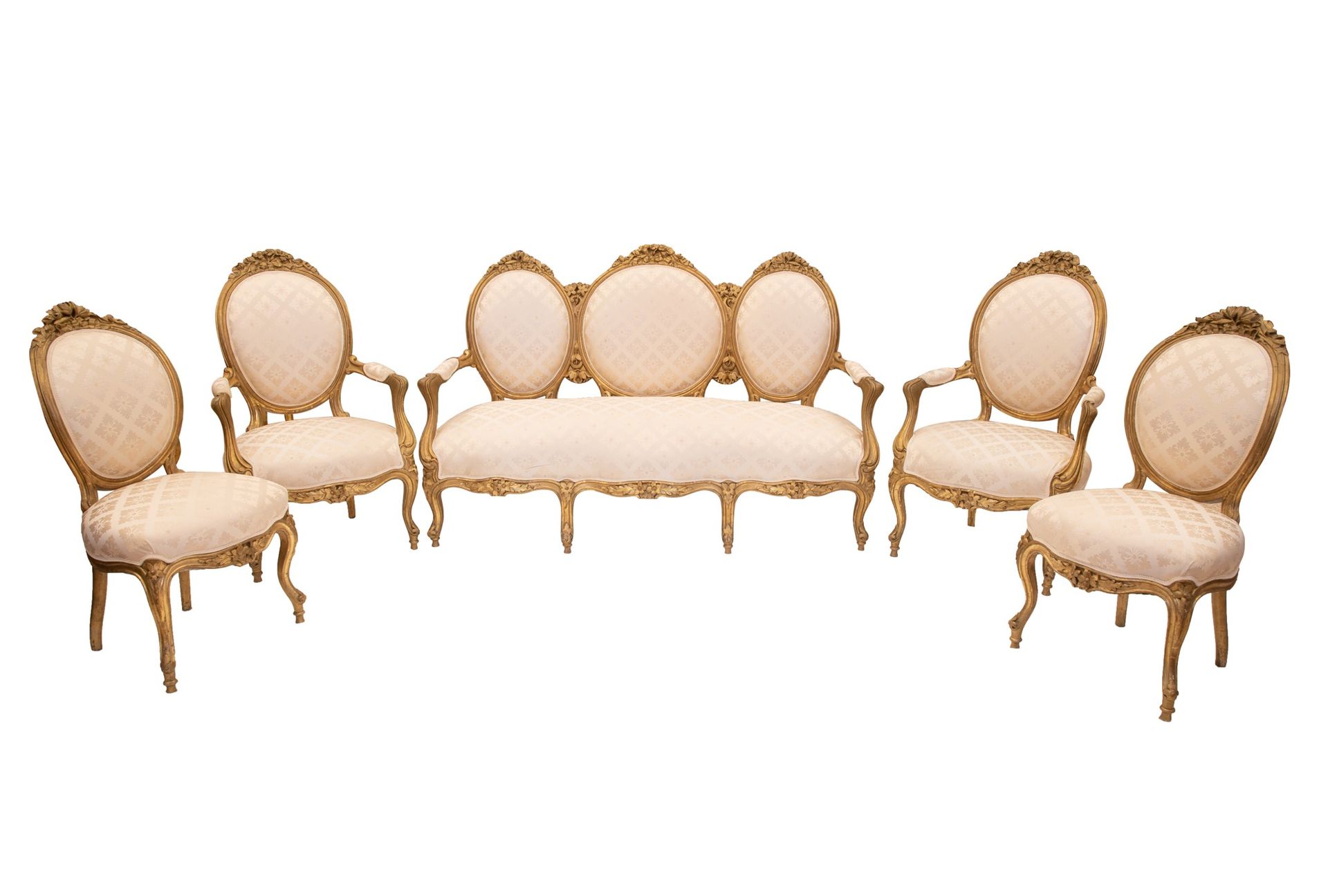 Salotto in legno dorato composto da un divano, due poltrone e due sedie XIX seco&hellip;