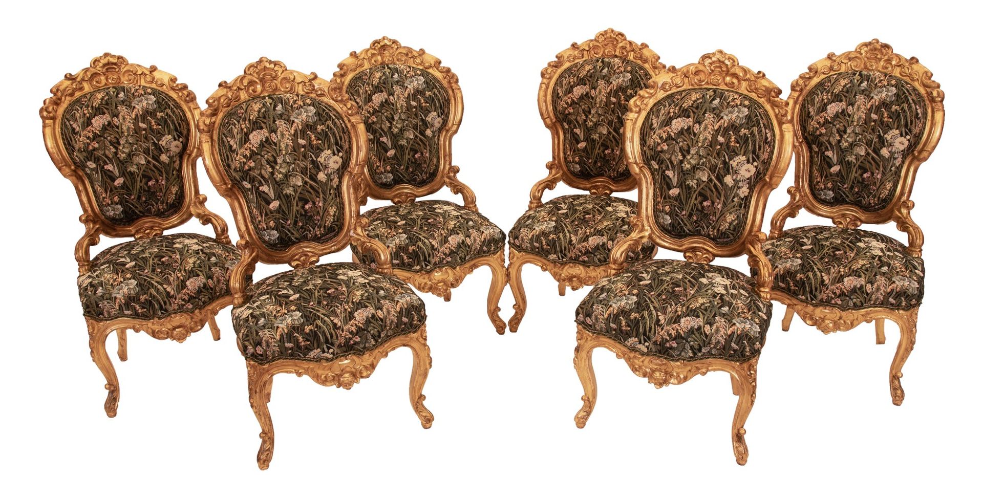 6 sedie dorate con schienale e seduta rivestiti in tessuto decorato a motivi flo&hellip;