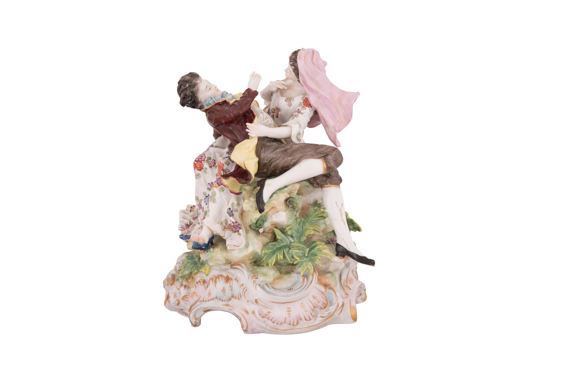 Gruppo in porcellana tedesca raffigurante scena galante in abiti settecenteschi &hellip;
