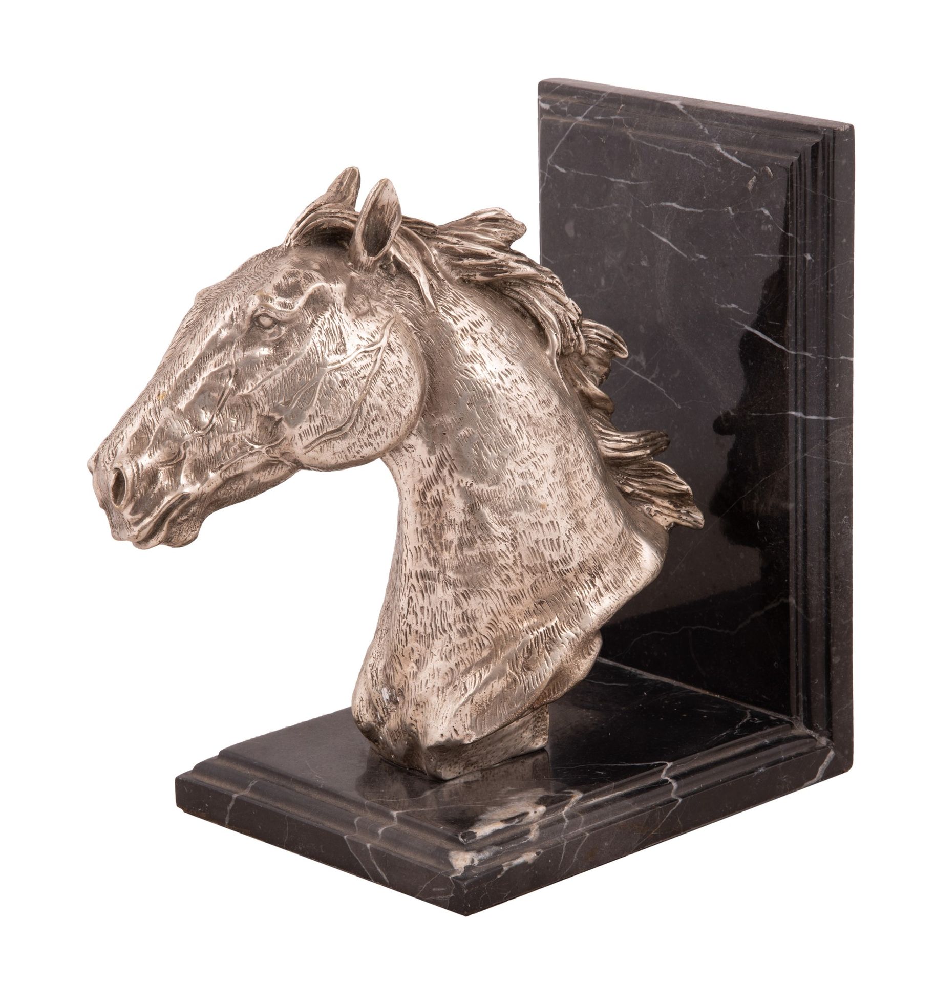 Fermalibro a forma di cavallo in metallo argentato 22x14x18厘米 2比利时黑色大理石底座