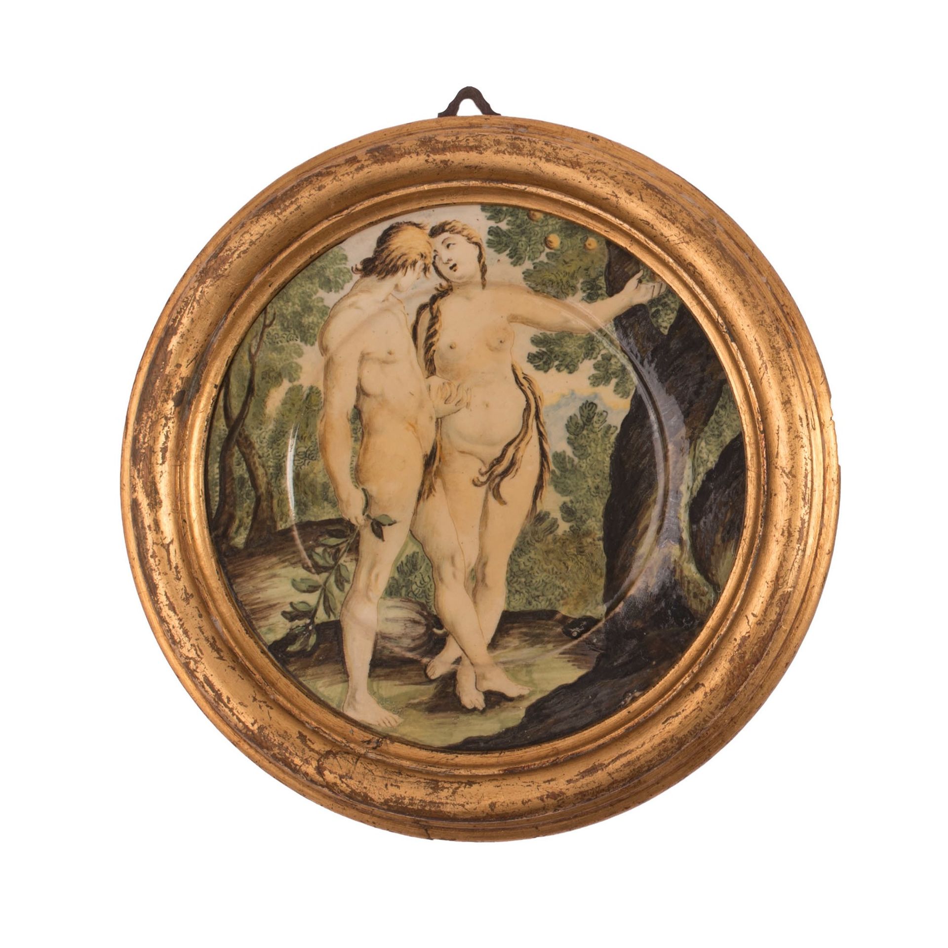 Piattino Castelli in cornice decorato in policromia con Adamo ed Eva nel Giardin&hellip;