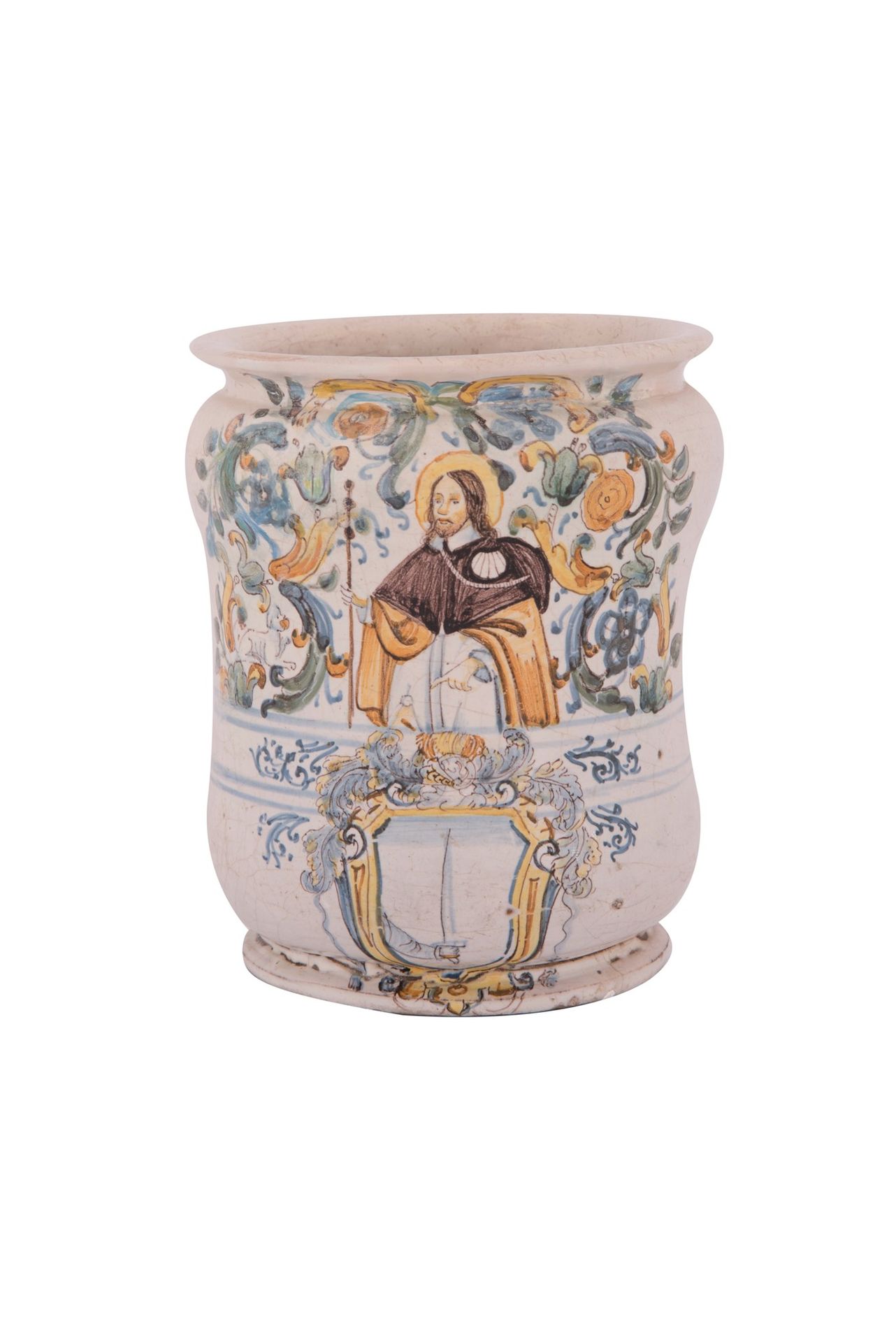 Albarello in ceramica bianca raffigurante nella parte superiore San Rocco con ma&hellip;