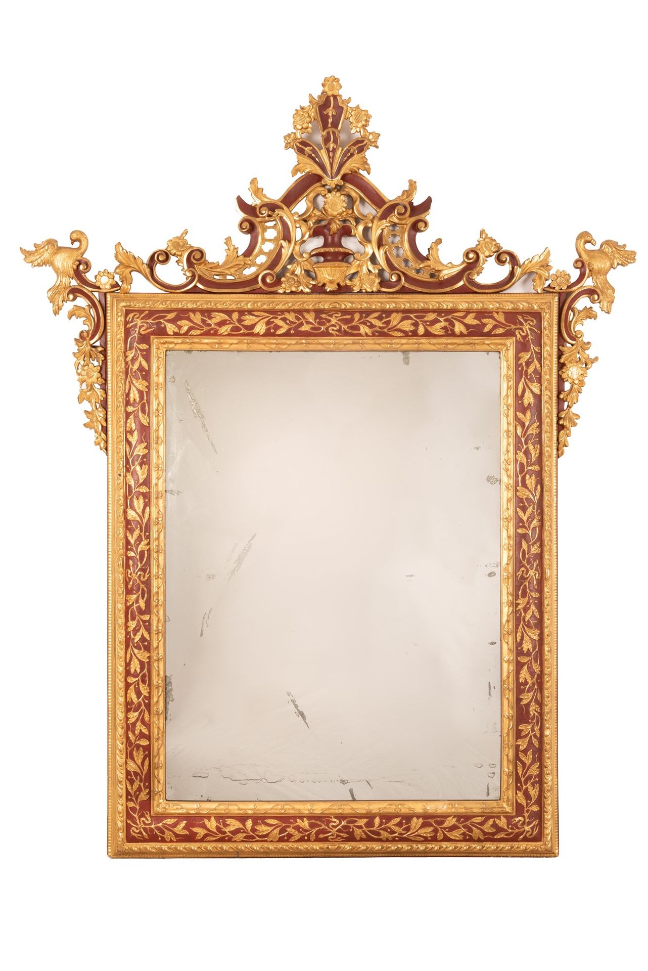 Antica specchiera in legno dorato e lacca rossa 175x141 cm; Innenleuchte 101x76 &hellip;