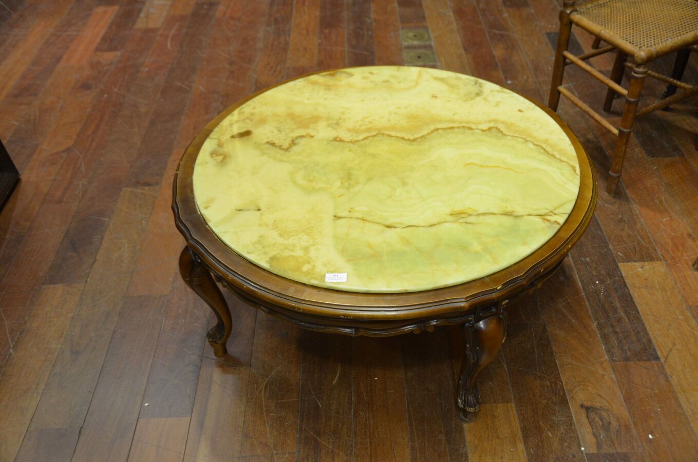 Null Coffee table in stained wood, marble top, curved legs.