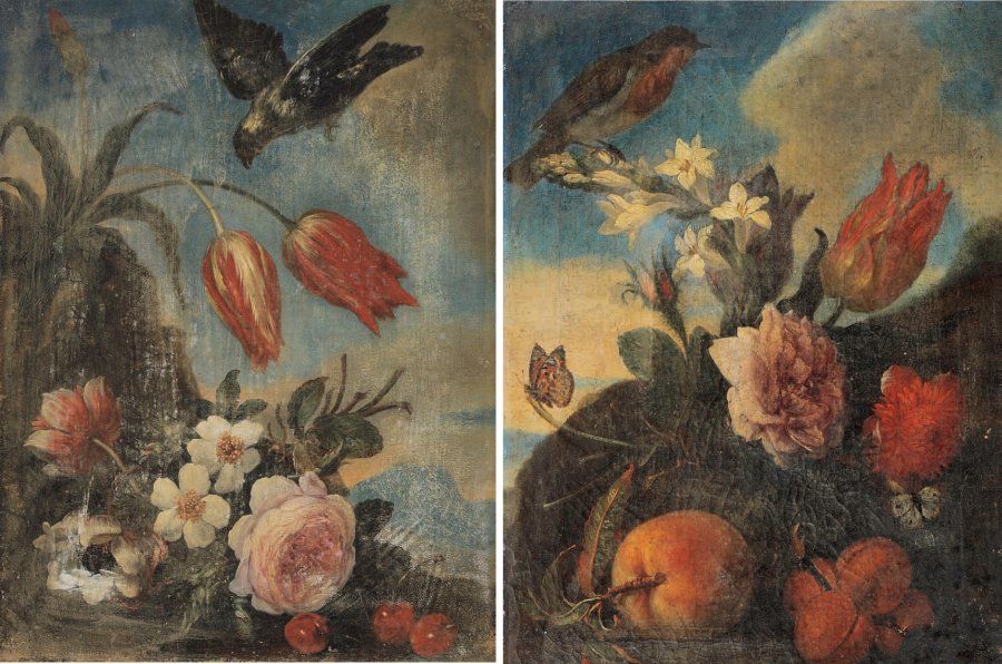 Attribué à Johann Rudolf BYSS (1660-1738) Fleurs, cerises et oiseau dans un pays&hellip;