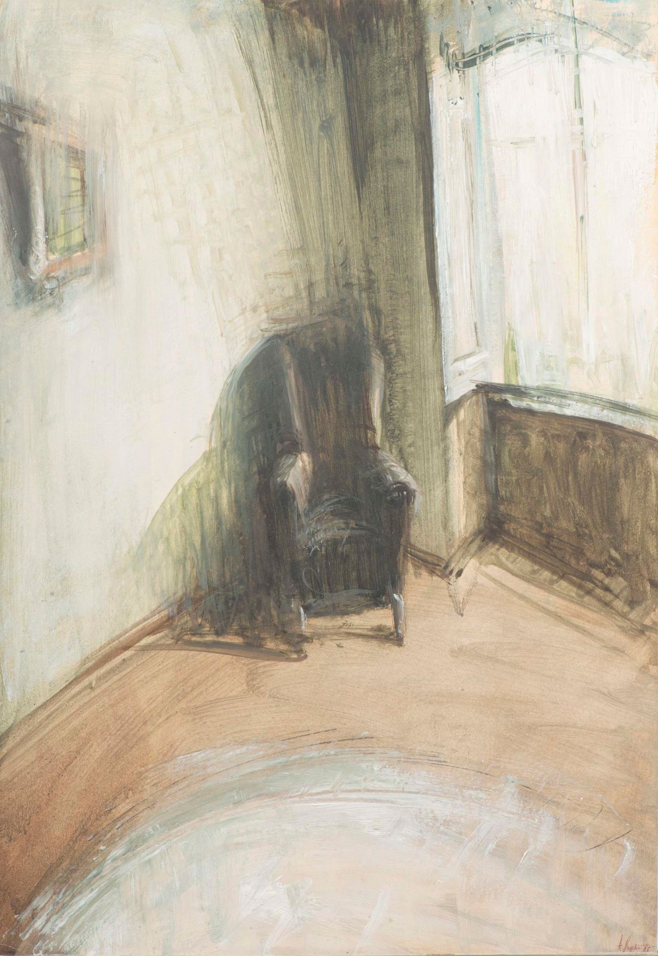 Null Alessandro PAPETTI (1958)《有扶手椅的室内》，1987年，纸上丙烯，装在一个框架上，右下角有签名。

50 x 34,5 cm