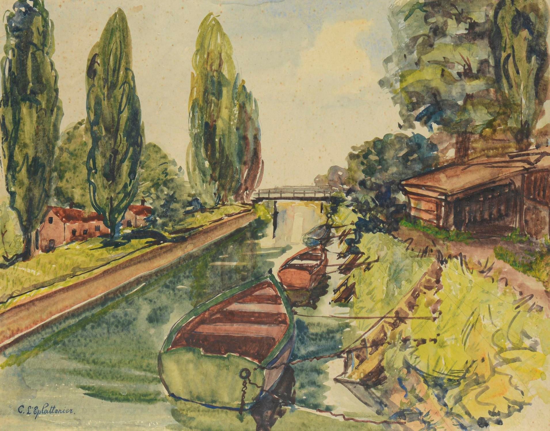 Null Charles L'ÉPLATTENIER (1874-1946), "Vista di un canale", acquerello su cart&hellip;