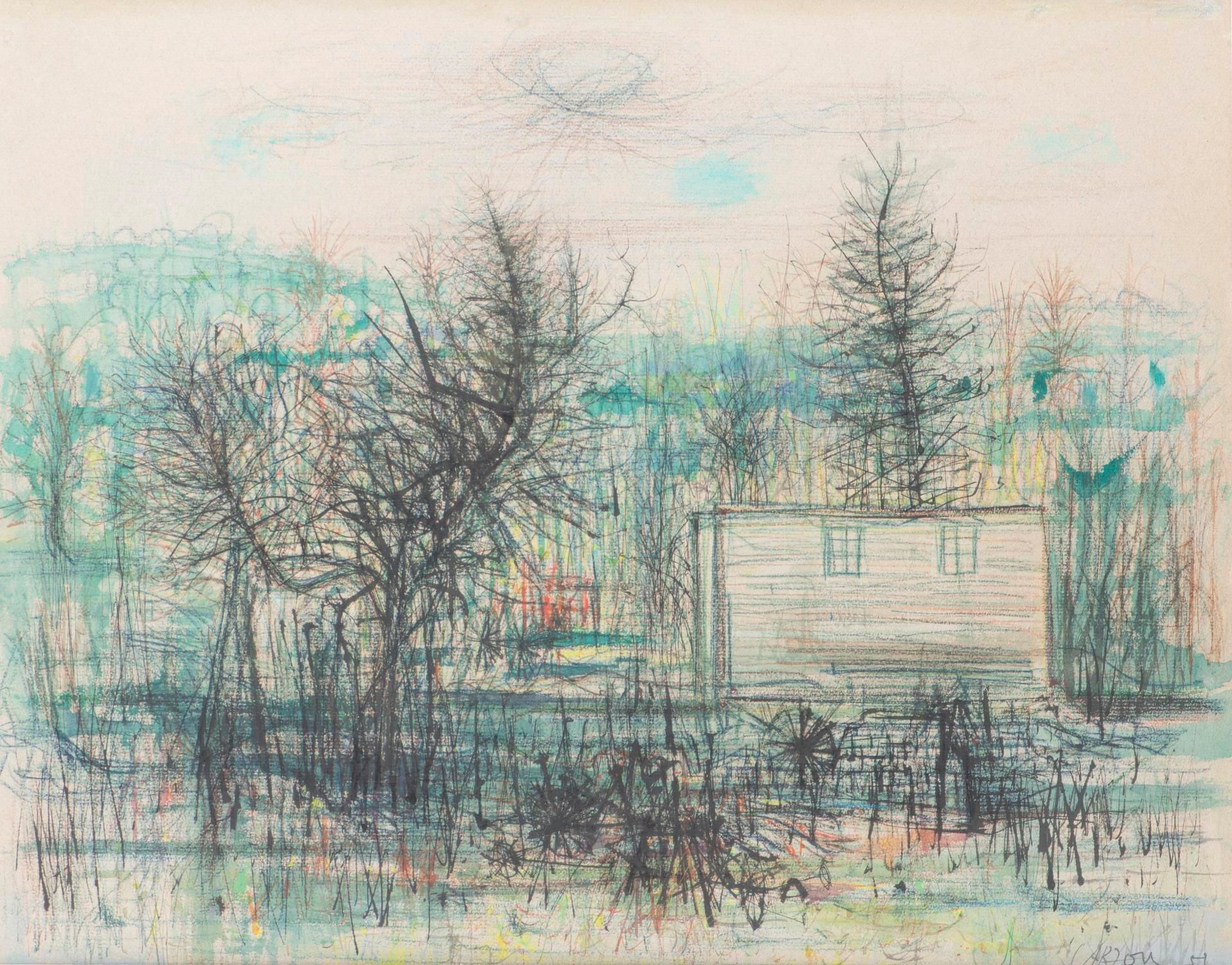 Null Jean CARZOU (1907-2000) "La roulotte", Carboncillo y lápiz sobre papel, fir&hellip;
