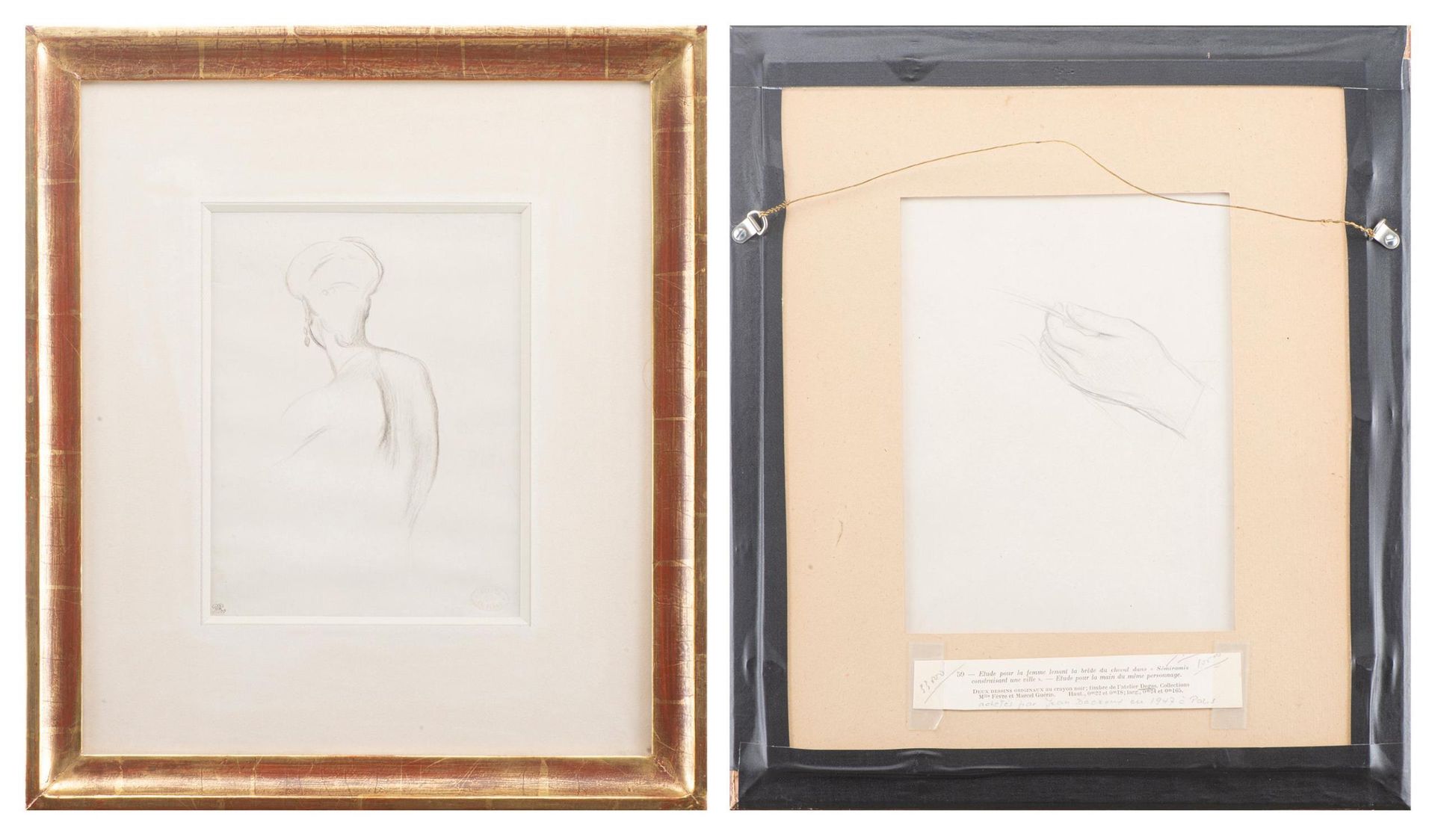 Null 埃德加-德加（1834-1917），两幅纸上铅笔画，正反面是《塞米拉米斯建造巴比伦》中手持马缰绳的女人的研究》，反面是《同一人物的手的研究》，盖有德加&hellip;