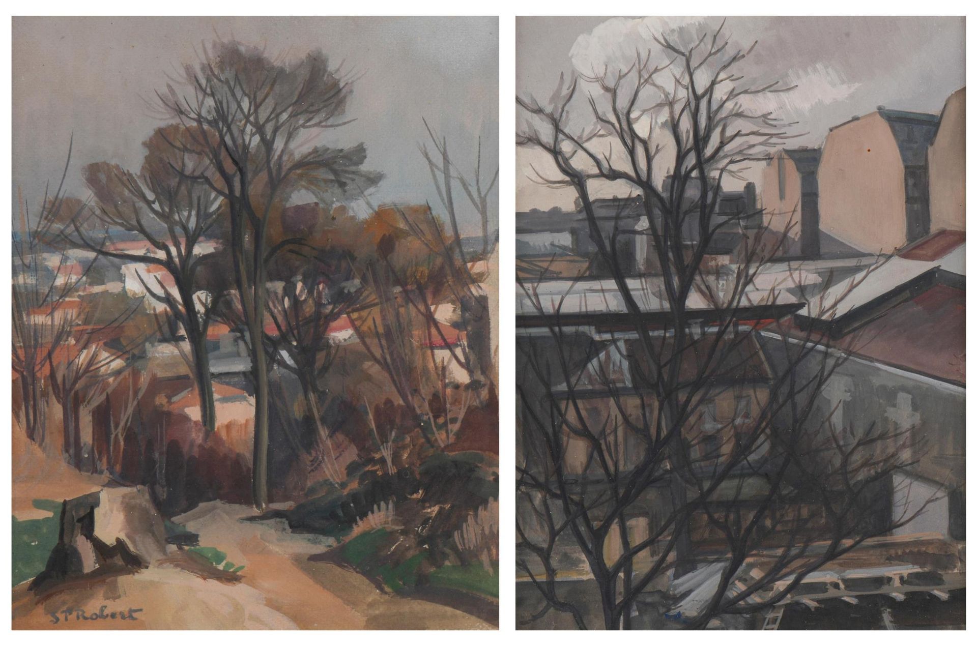 Null 史蒂文-保罗-罗伯特（1896-1985），"秋冬之景"，两幅纸上水粉画，其中一幅左下有史蒂文-保罗-罗伯特签名。

24x19厘米的视图（对于有签名&hellip;