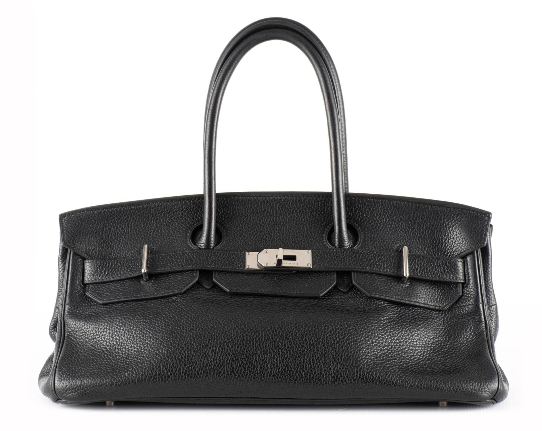 Null HERMES, "Birkin Shoulder" bag 42 cm in black leather, silver plated metal f&hellip;