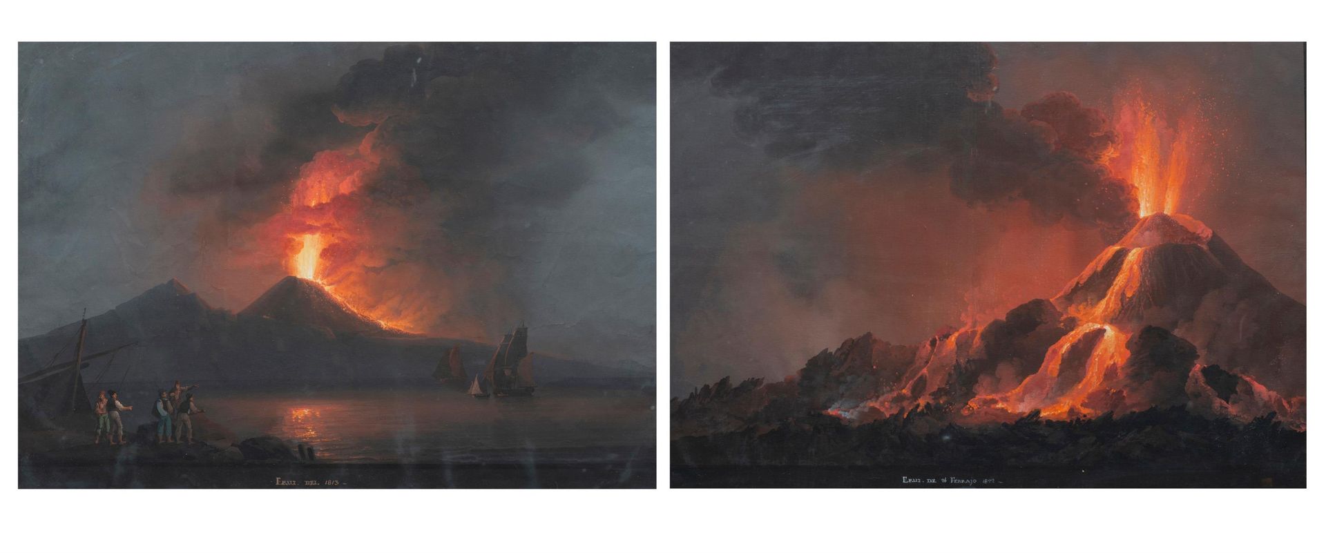 Null Italia XIX, Conjunto de dos grandes gouaches napolitanos, "Erupción del Ves&hellip;
