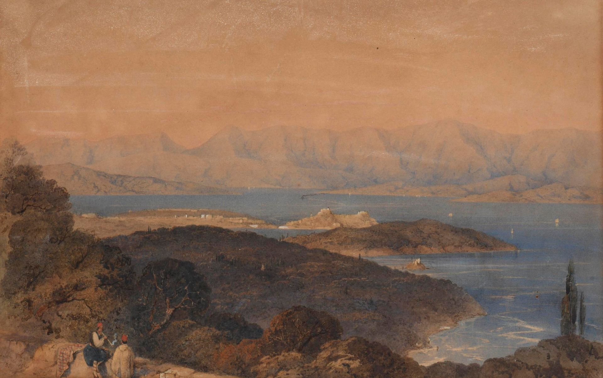 Null John Connel OGLE (1813 - 1877)，"科孚岛风光"，纸上水彩画，左下角有签名、位置和日期1850年

27.3 x 42.5&hellip;