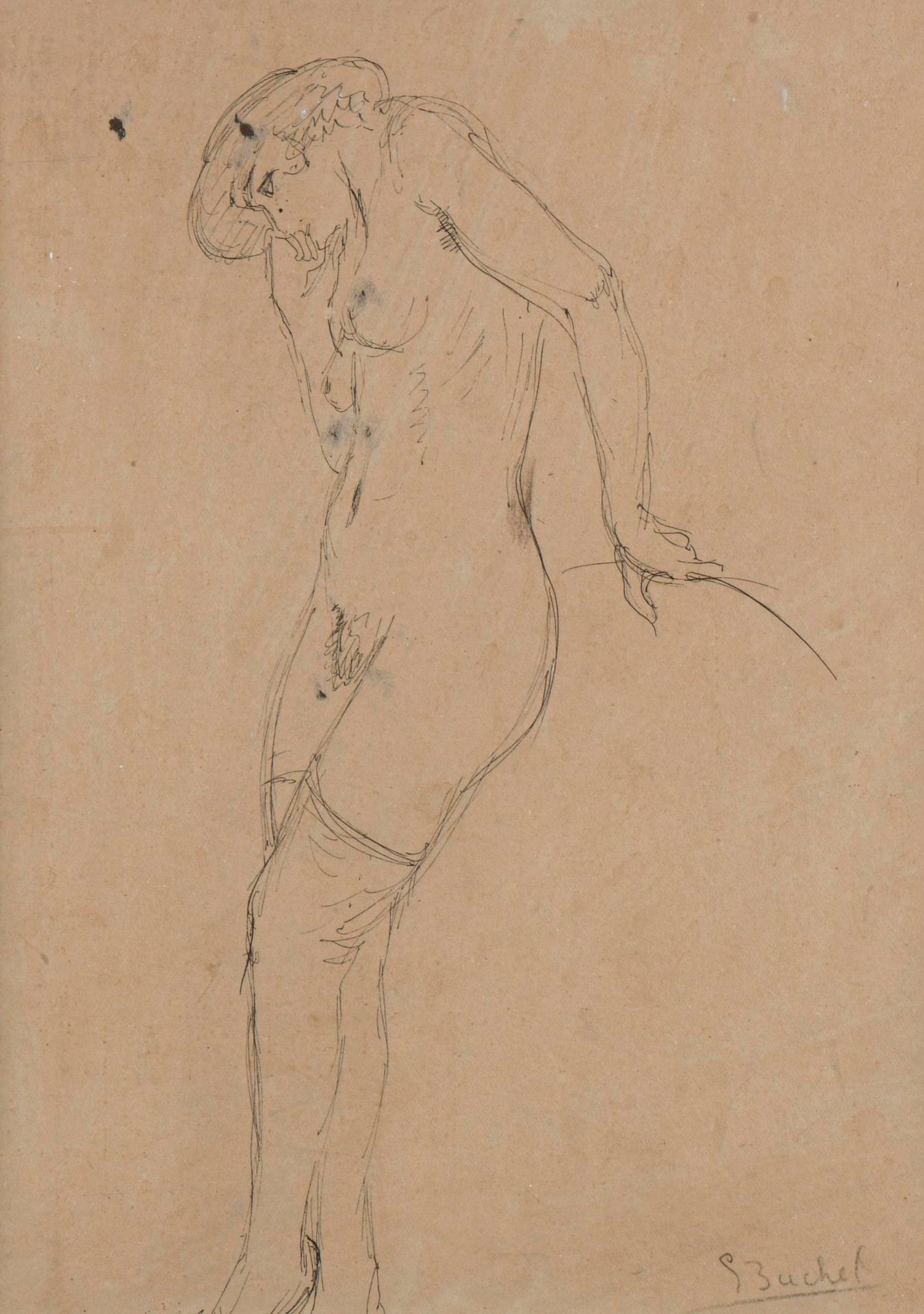 Null 古斯塔夫-布歇（1888-1963）《靠在椅背上的站立裸体》约1913年，钢笔画，右下方有铅笔签名。

26,3 x 19 cm (见图)





&hellip;