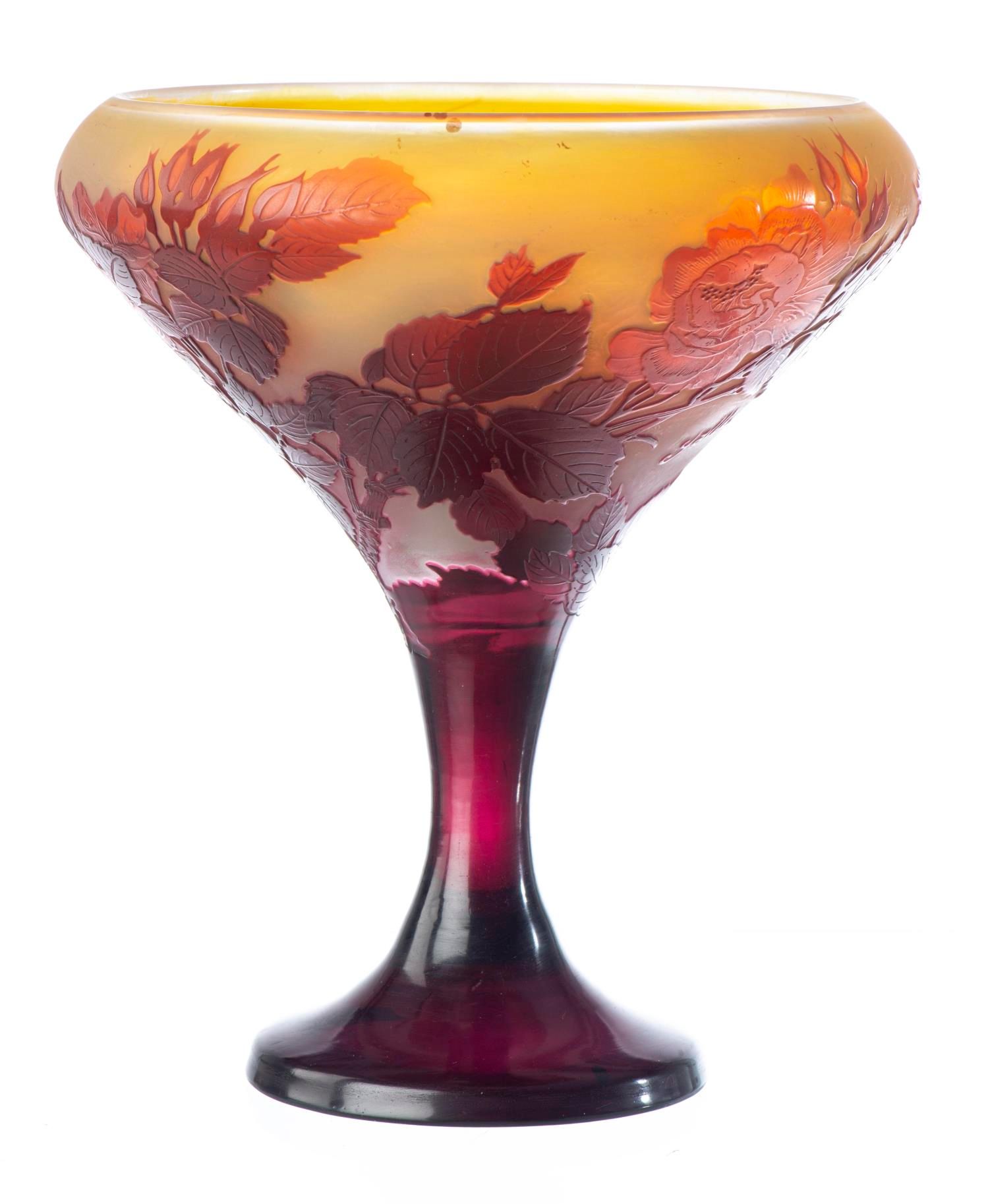 Null Emile GALLE (1846-1904), 厚玻璃花瓶，装饰着红色和酒红色的玫瑰花，在对比鲜明的亮黄色背景上盛开。装饰中签有 "Gallé"。
&hellip;