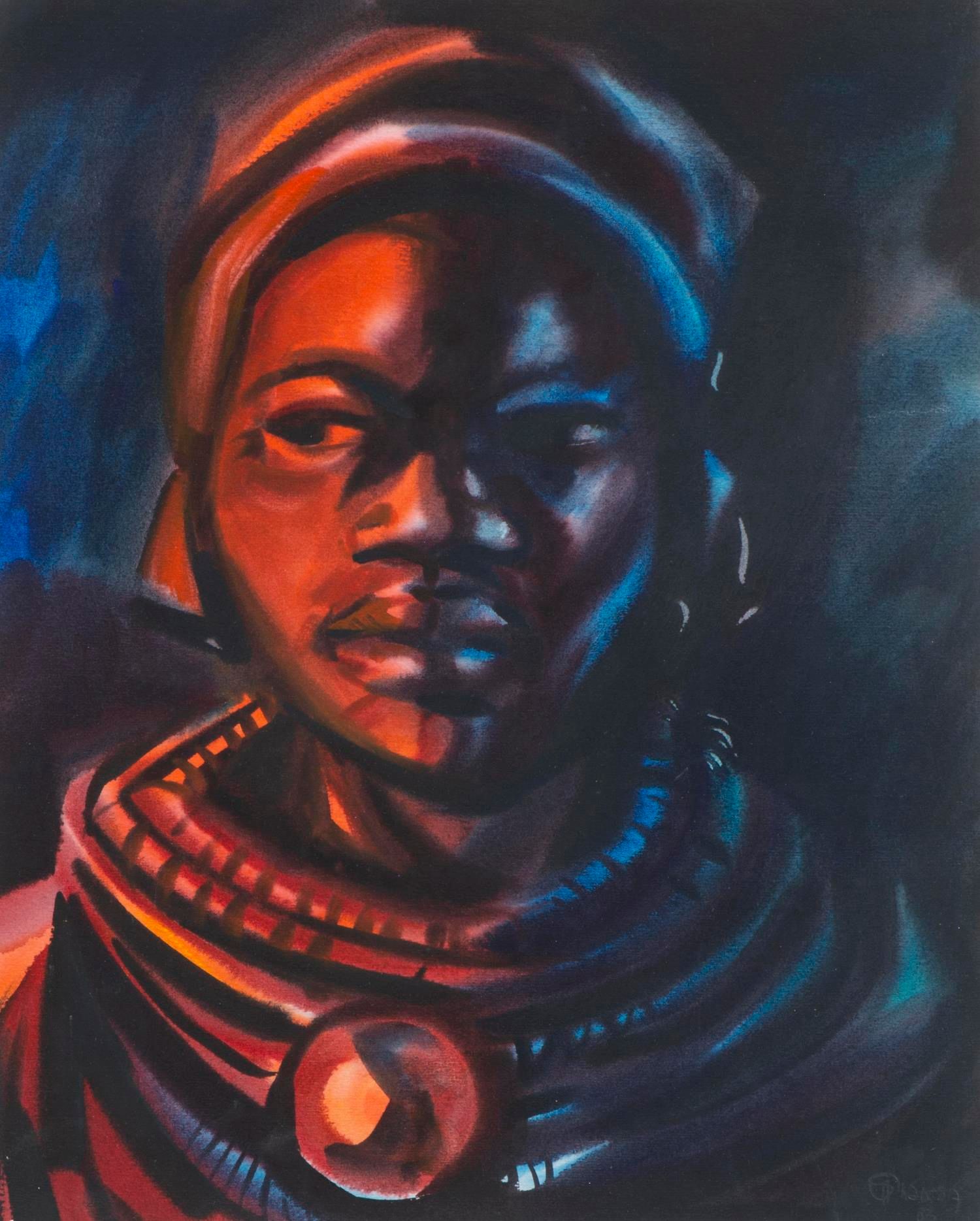 Null Albano SOUSA (1921-1995), "Portrait d'une femme africaine" (Massai), Aquare&hellip;