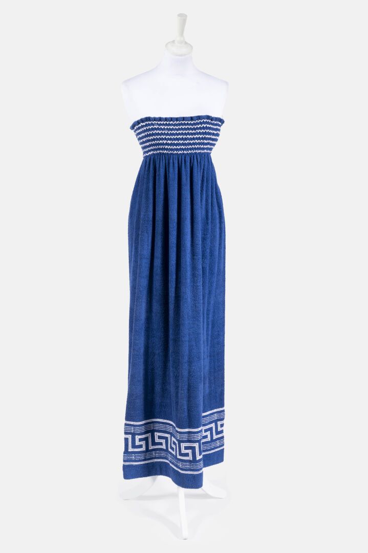 SAINT LAURENT Rive Gauche 蓝色毛圈布无肩带沙滩裙，白色希腊图案
尺寸38

状况良好