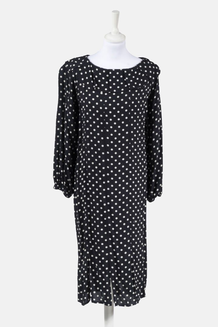 SAINT LAURENT Rive Gauche Long sleeve dress with white polka dots on black backg&hellip;