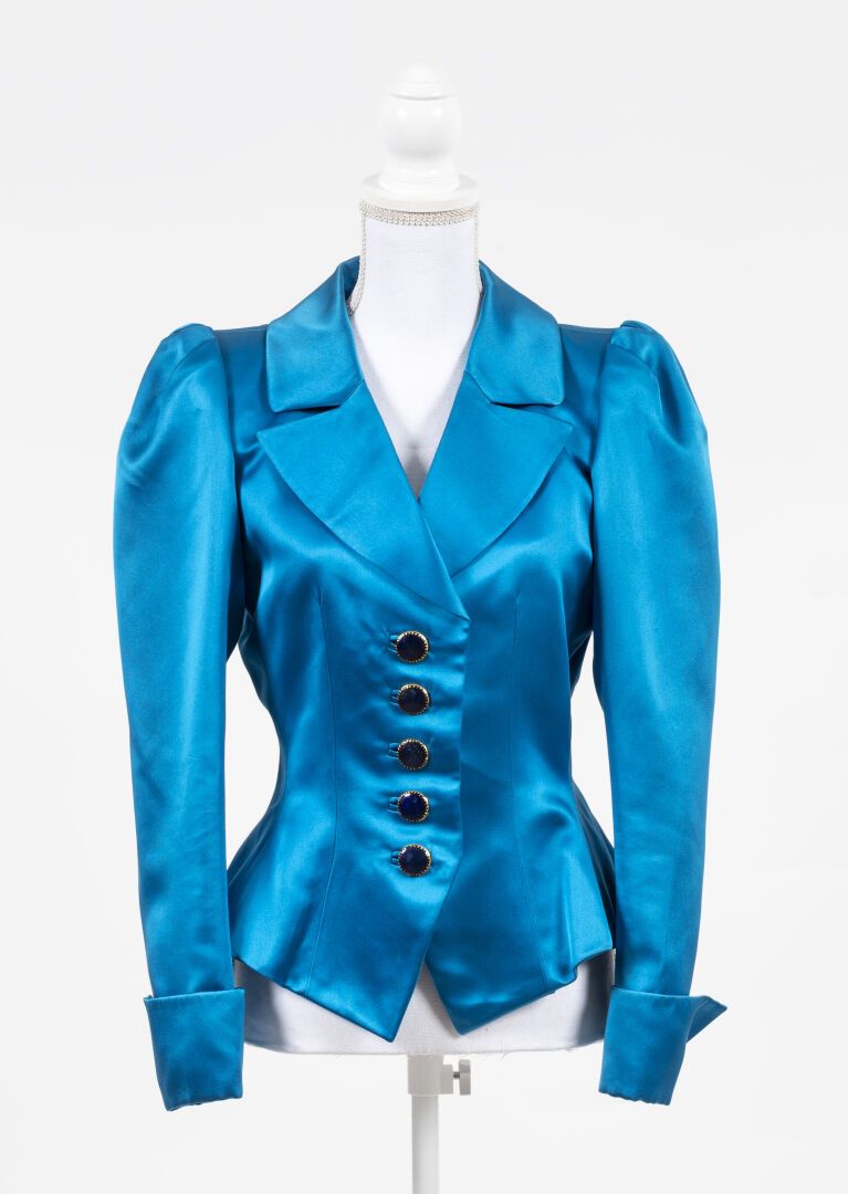 Cyan blue silk and acetate jacket, notched collar, long … | Drouot.com