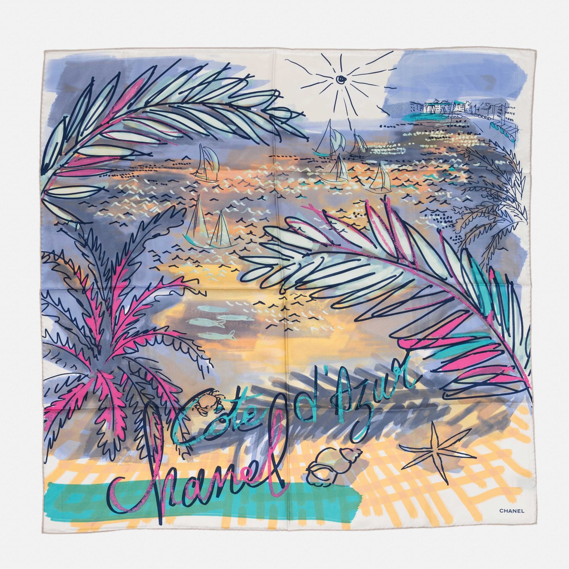 CHANEL Foulard en twill de soie à motif imprimé Côte d'Azur, marqué Chanel
90 x &hellip;