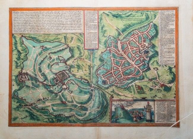 Braun & Hogenberg, Map of Jerusalem and the temple 1972年。标题。"Hierosolyma, Claris&hellip;