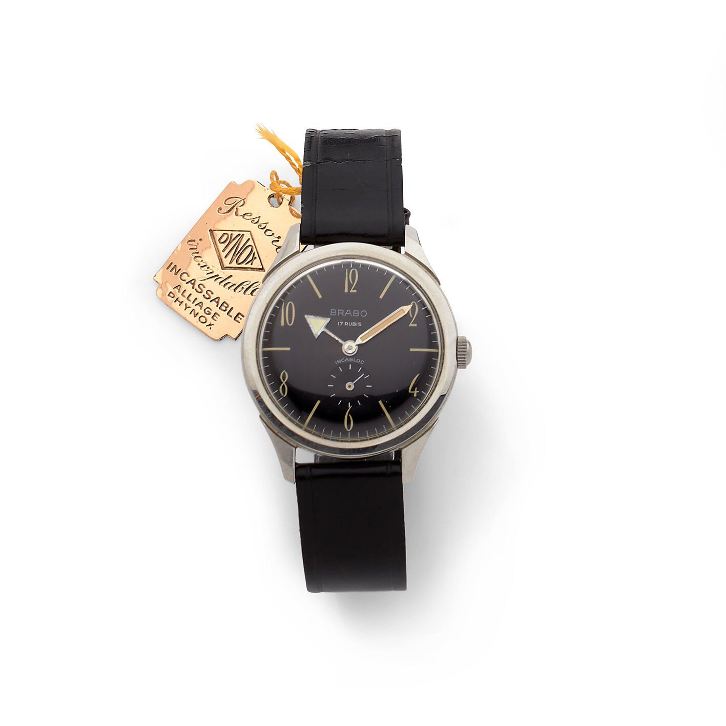 BRABO ǞǞǞ
男士钢制金属腕表，约1960年，黑色表盘，彩绘阿拉伯数字和时标，Broad Arrow时针，注射器分针，天蓝色小秒针。编号为414443的旋&hellip;