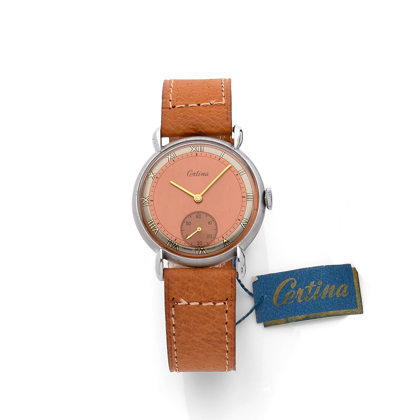 CERTINA CERTINA
精钢金属腕表，约1950年，铜色扇形表盘，银色时圈，彩绘罗马数字，金色指针，6点钟位置有天蓝色小秒针。坚固的钢制表背，编号为28&hellip;