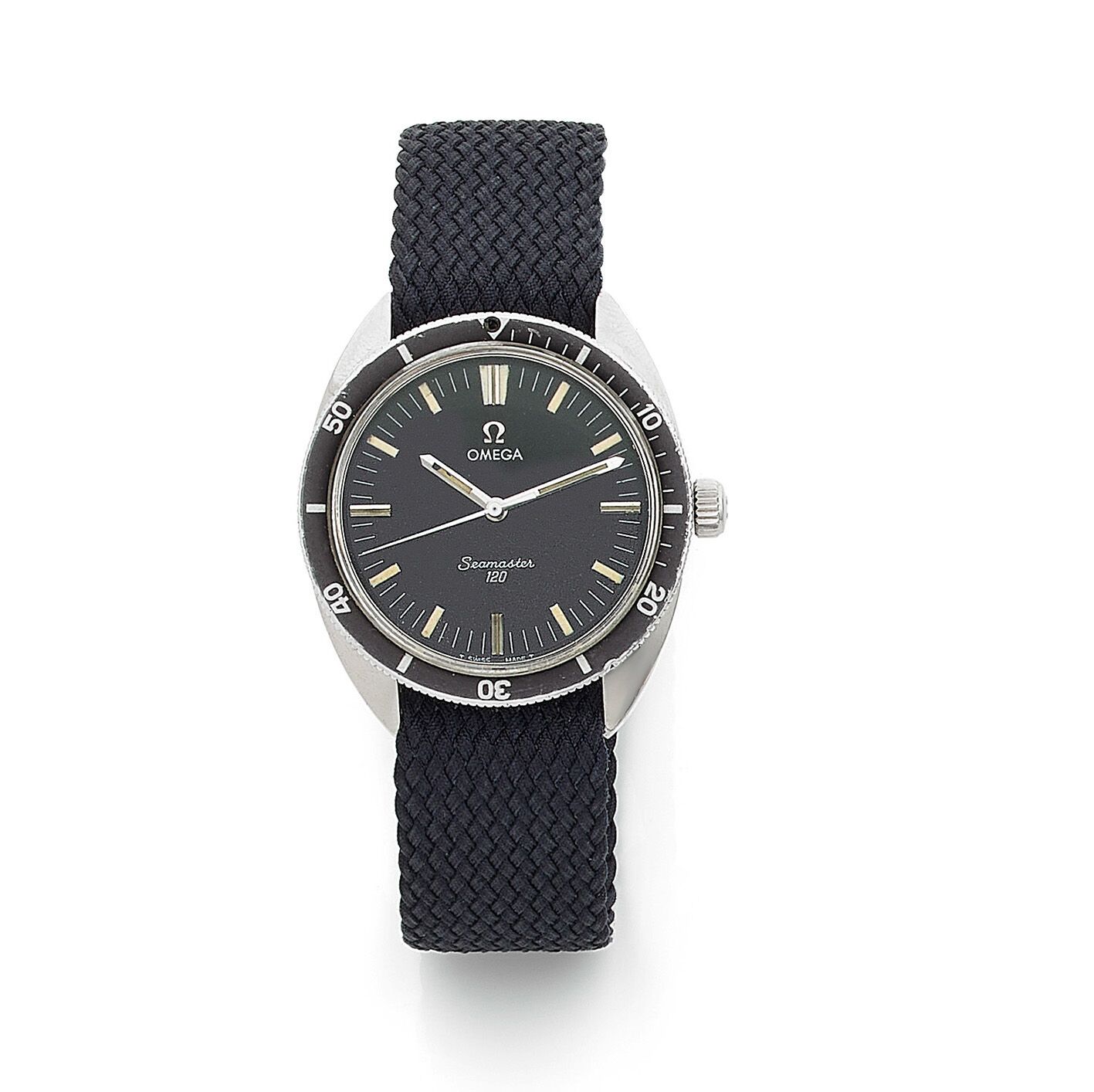 OMEGA SEAMASTER 120 omega seamaster 120
男士不锈钢腕表，约1968年，酒桶形表壳。黑色表盘，白色分钟轨道，氚指针和发光材&hellip;