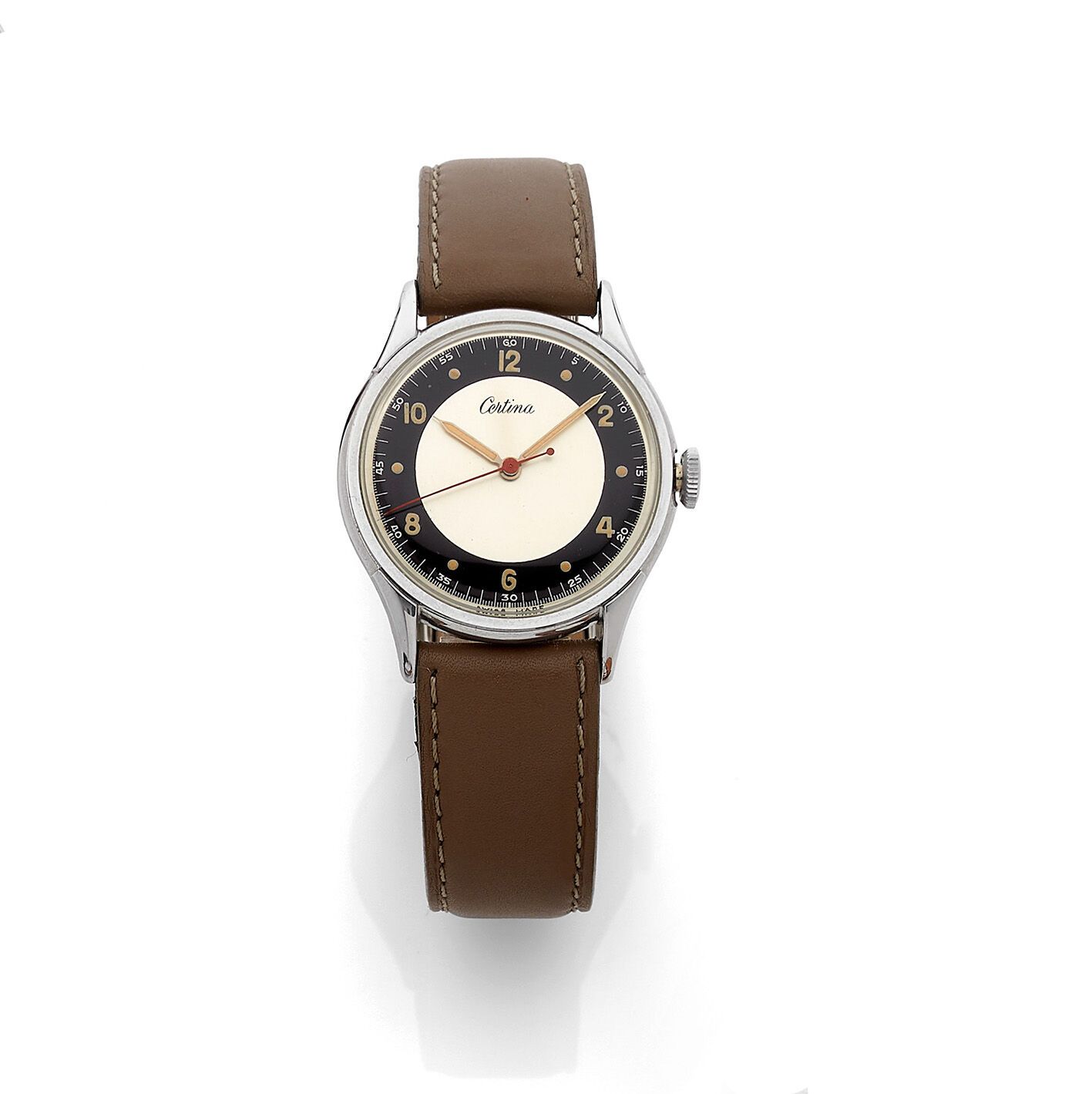 CERTINA CERTINA 
男士不锈钢腕表，约1950年，黑色漆面时圈，涂有夜光材料的阿拉伯数字和时标，夜光注射器指针，中央秒针为红色。坚固的钢制表背，编&hellip;