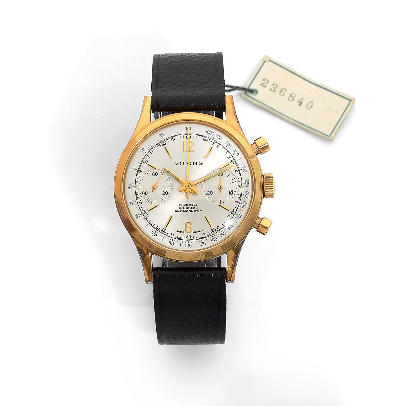 VILONG 维龙 
20微米镀金精钢男士计时腕表，约1950年，银色表盘，测速仪刻度，应用阿拉伯数字和黄金指数，氚点，9点钟位置的小秒针，3点钟位置的30分钟&hellip;