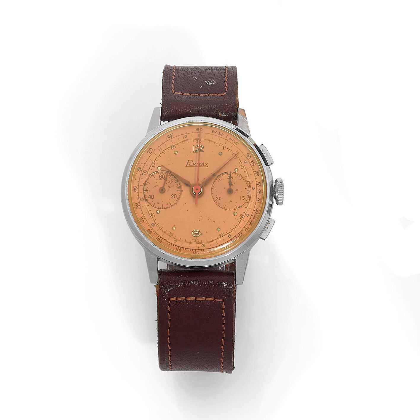 PERMAX 珀玛 
男士不锈钢计时腕表，约1950年，青铜表盘，测速刻度，应用阿拉伯数字和时标，9点钟位置的小秒针，3点钟位置的45分钟累加器，鎏金阿尔法指针&hellip;