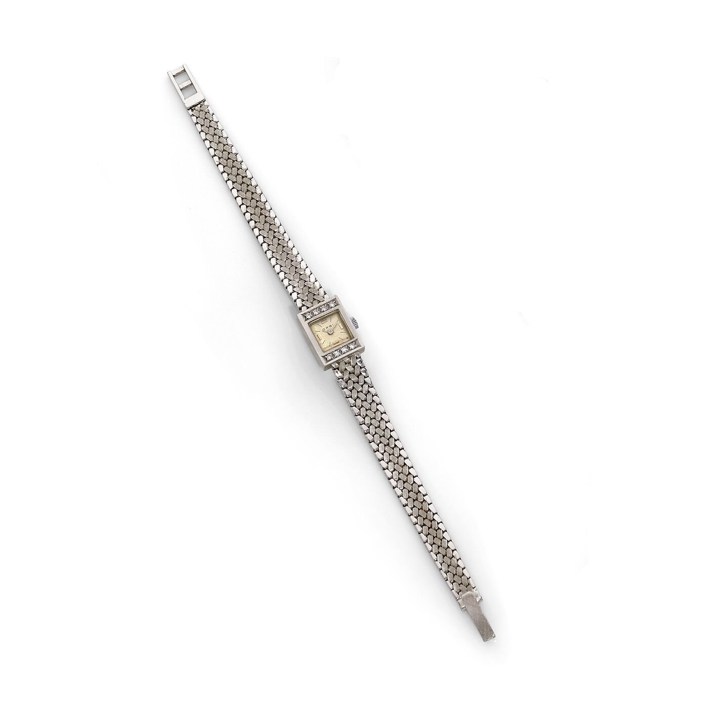 ORBI ORBI
18K（15万分之一）白金女士腕表，约1950年，长方形表壳，银色表盘上有贴花刻度和 "钢丝 "指针。镶有8颗明亮式切割钻石的表圈。背面为1&hellip;