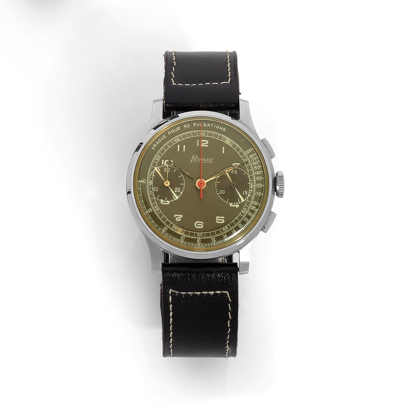 PERMAX 珀玛 
男士不锈钢计时腕表，约1950年，灰色/绿色表盘，铁路分钟轨道，脉动刻度，彩绘阿拉伯数字，9点钟位置的小秒针，3点钟位置的45分钟累计器，&hellip;