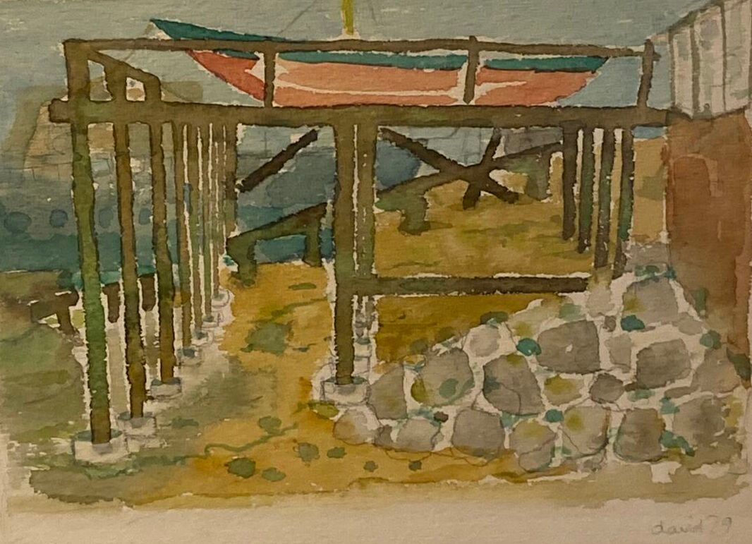 ECOLE MODERNE 现代学校 
近海的码头
纸上水彩和石墨，右下方有大卫的签名和 79 年的日期
21 x 30 厘米