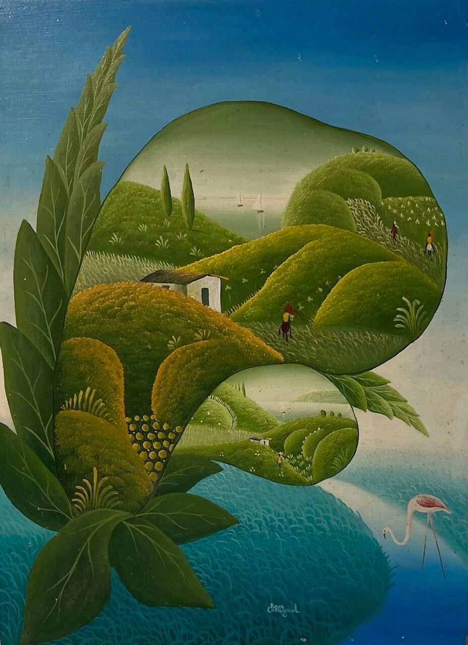 KENS CASSAGNOL (NÉ EN 1965) 肯斯-卡斯塔尼奥尔（生于 1965 年）。 
海地超现实主义流派。
有人物和粉红火烈鸟的风景画
等色油画&hellip;