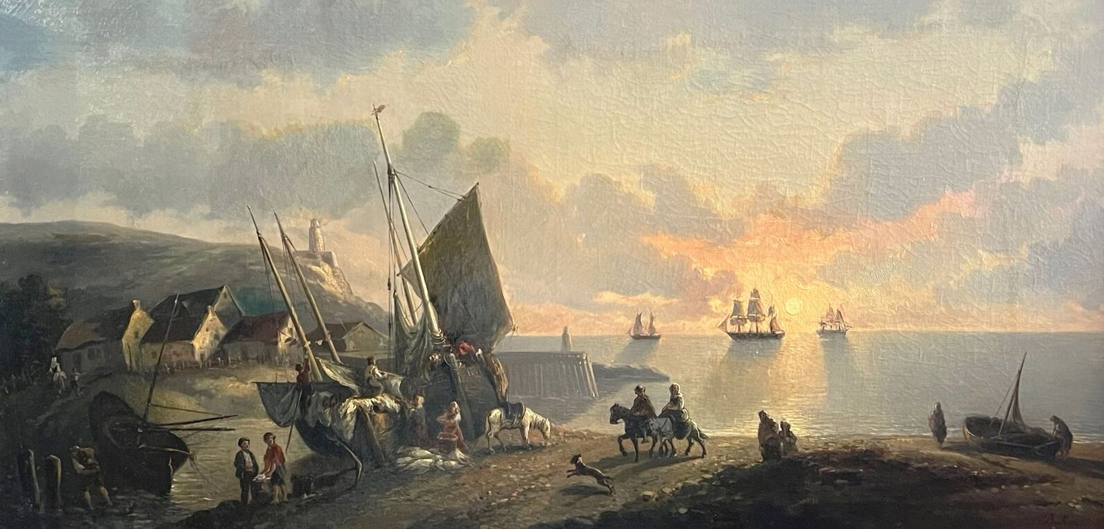 École ANGLAISE vers 1860. Port de pêche. 约 1860 年的英国学校
夕阳下的渔港
布面油画，右下方署名 "贝克"（衬里&hellip;