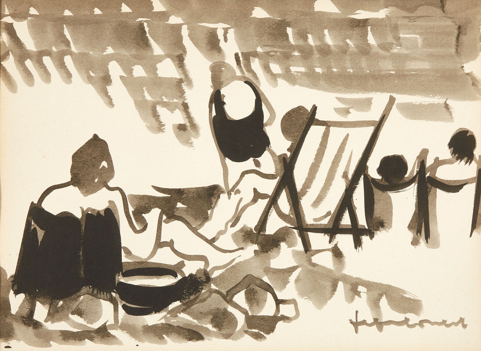 JEF FRIBOULET (1919-2003) 杰夫-弗里布勒（1919-2003）
"海滩场景
水粉画，右下方有签名。
水彩画，右下方有签名。
高 27 &hellip;