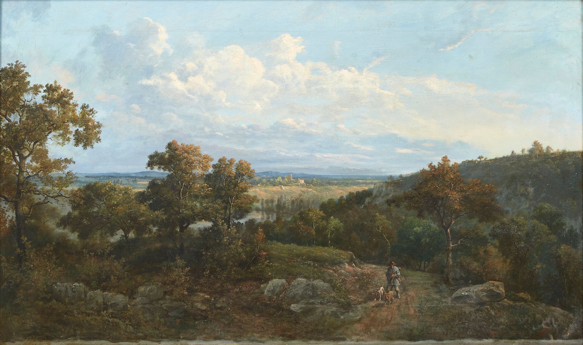 JEAN-JEAN CORNU (1819 - 1876) 让-让-科鲁（1819 - 1876）
风景与猎人和他的狗
布面油画原作。右下方有签名和年代 "J.&hellip;