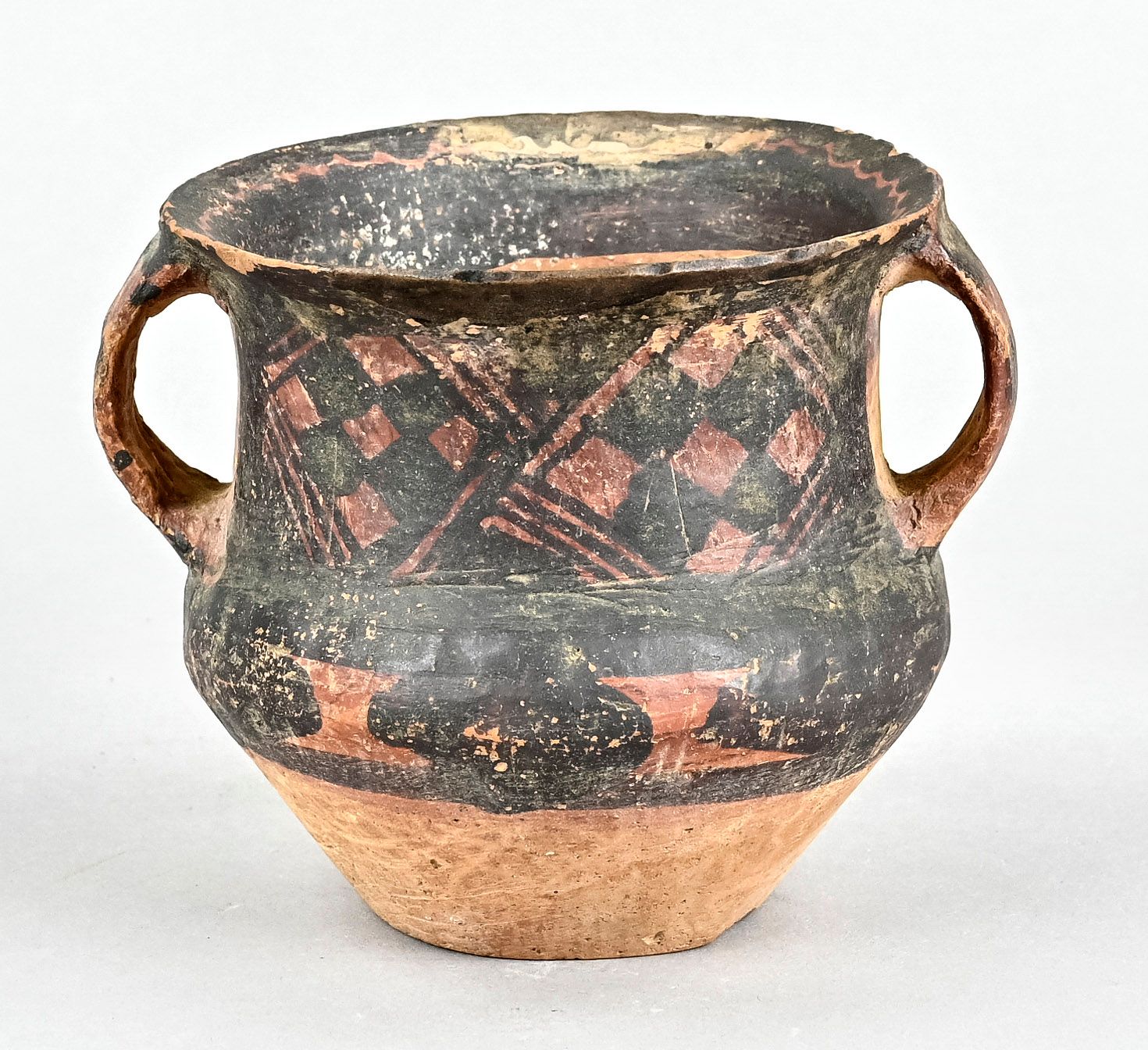 Null Handle pot, brown-red base with black diamonds and lines. Clay with light c&hellip;