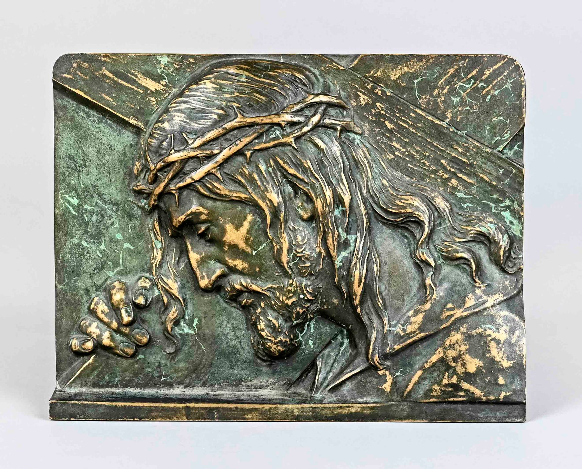 Null 青铜浮雕，"背着十字架的基督"，雕塑表现，德国，19世纪，美丽的铜锈，29厘米x37厘米，无签名