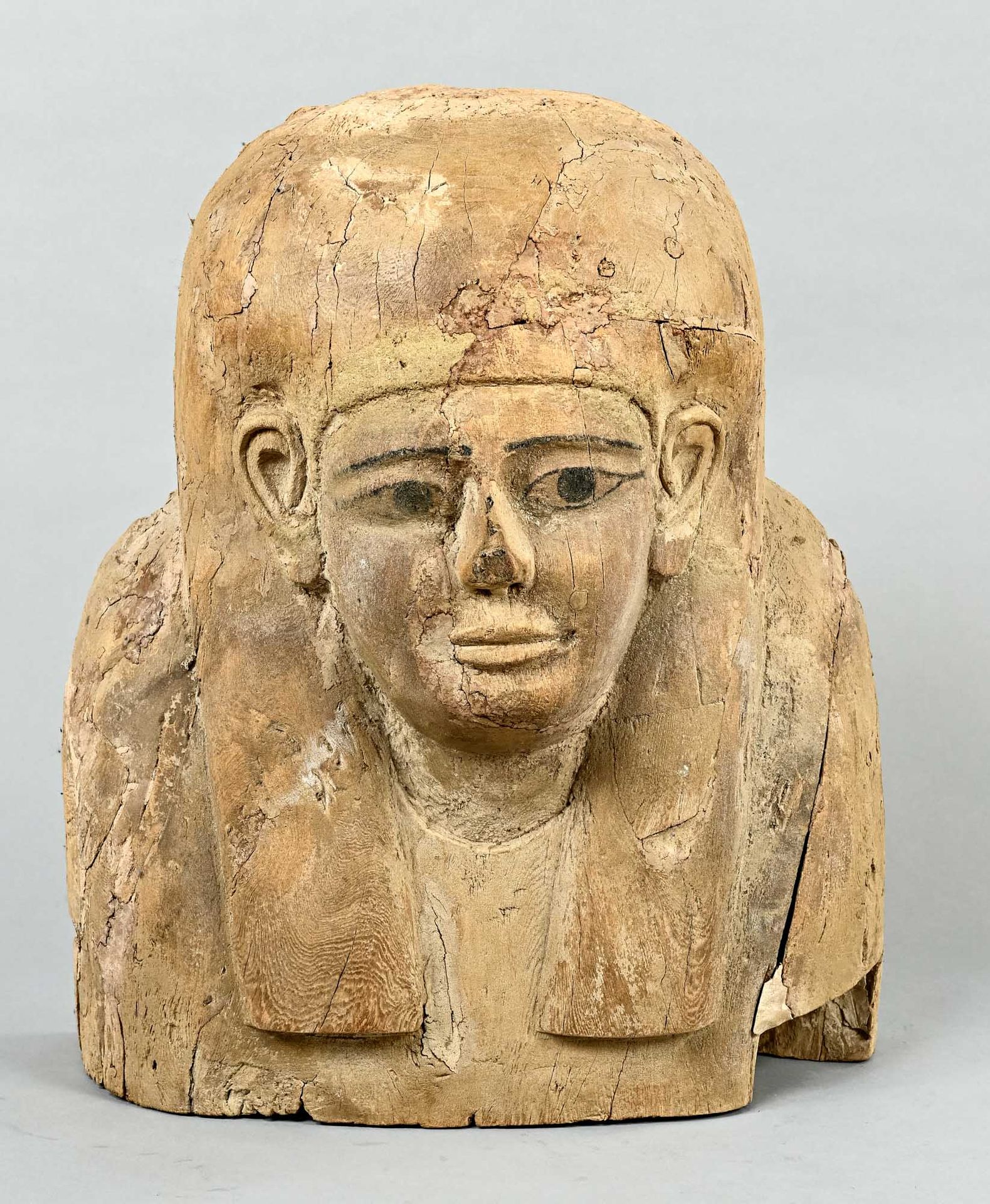 Null Egyptian sarcophagus bust. Upper part of a mummy coffin, sawed off below th&hellip;
